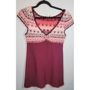 Free People Fair Isle Knit Wool Blend Sweater Dress Burgundy Cap Sleeve